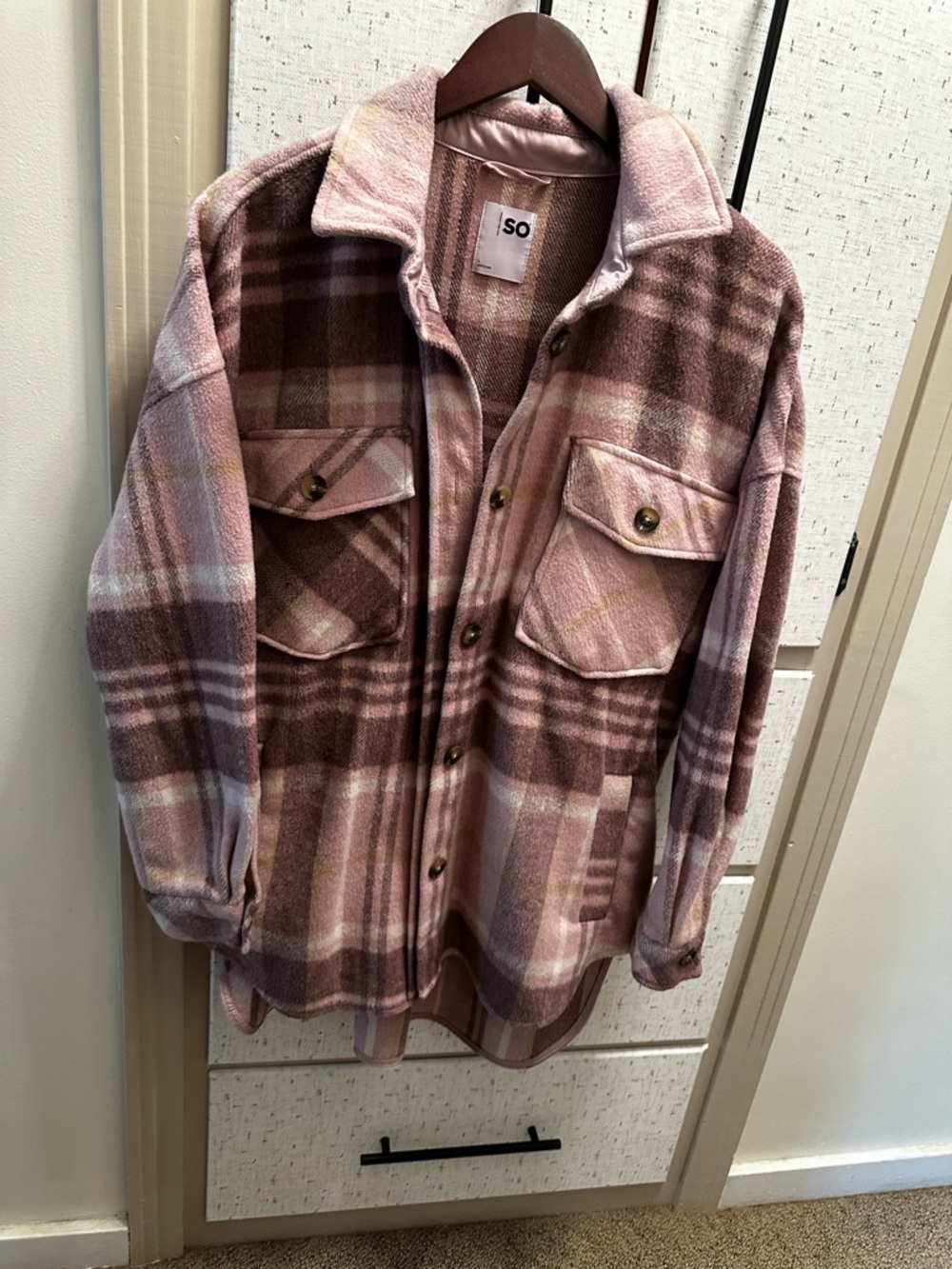 SO Plaid Shacket in Pink and Cream